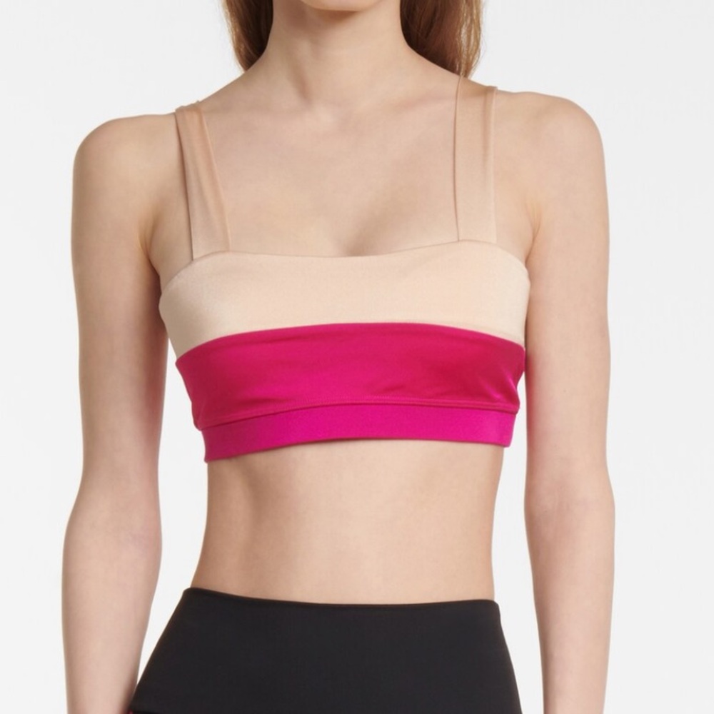 LANSTON Elysian Sports Bra Top Tan Pink Colorblock Pilates Yoga Gym Comfy S Soft